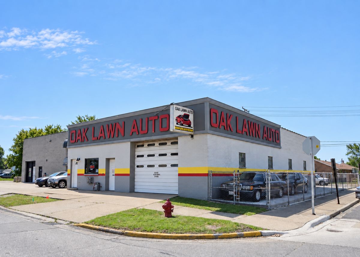 Oak Lawn Auto shop building and parking lot from the corner