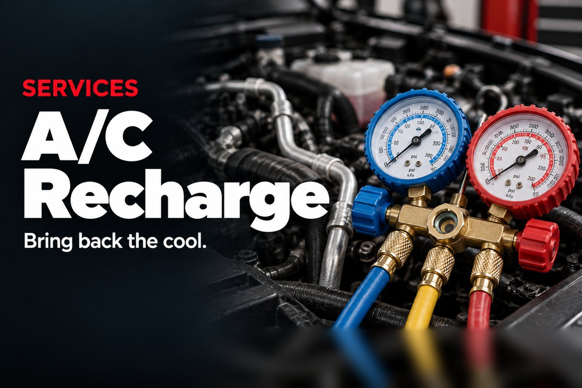 A/C manifold gauges connected under the hood for an auto A/C recharge at Oak Lawn Auto in Oak Lawn, IL