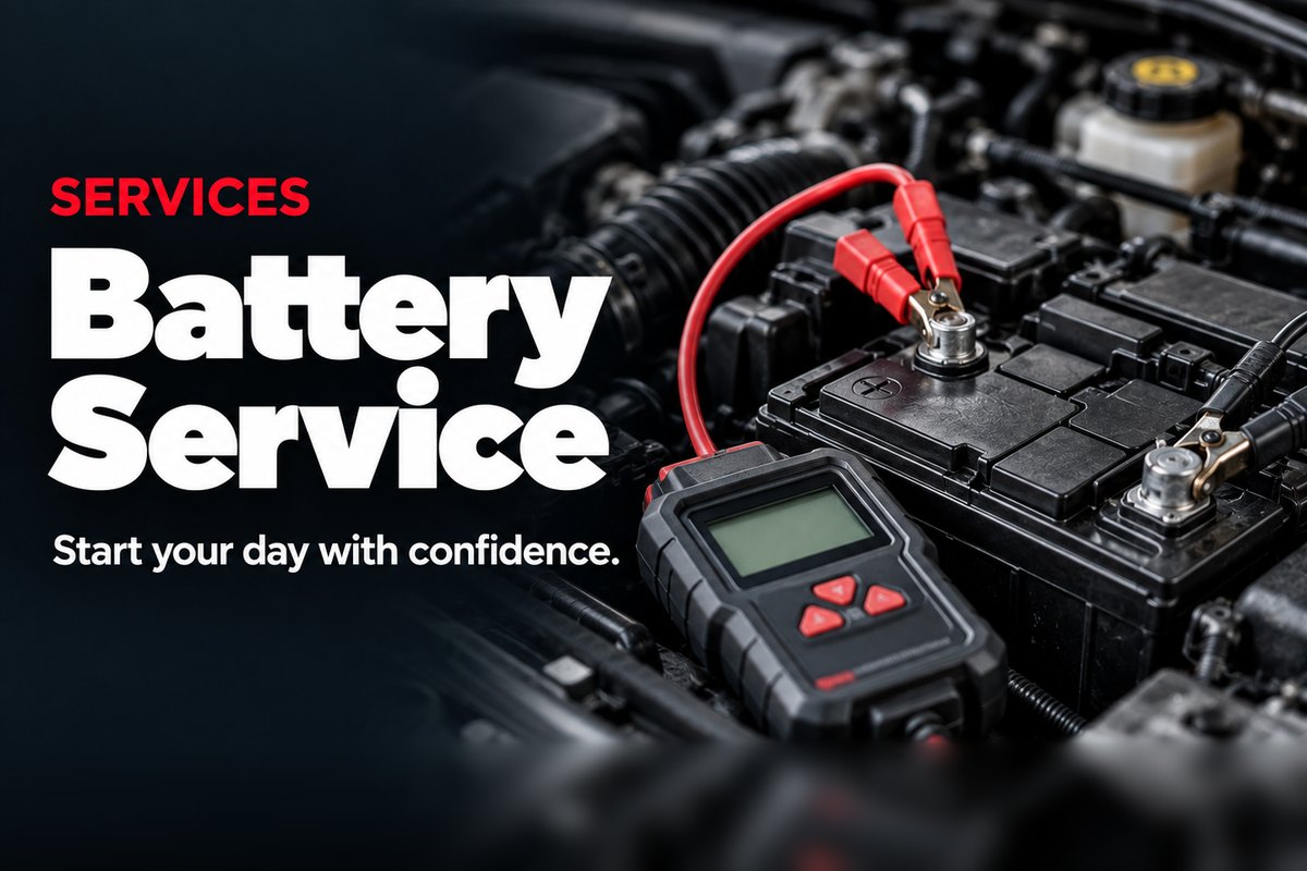 Battery tester clamped to a car battery under the hood at Oak Lawn Auto in Oak Lawn, IL