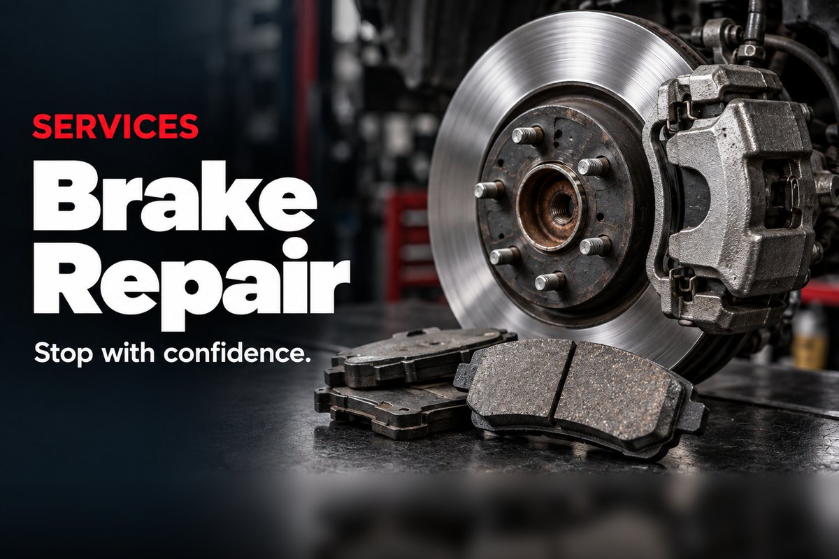 Brake rotor, caliper, and new brake pads ready for a brake repair at Oak Lawn Auto in Oak Lawn, IL