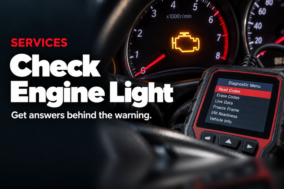 Lit check engine light on a dashboard with an OBD2 scan tool reading codes at Oak Lawn Auto in Oak Lawn, IL