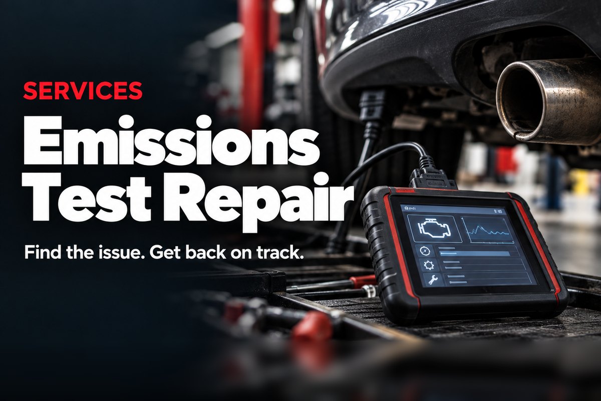 Diagnostic scan tool connected to a car near the exhaust pipe for emissions test repair at Oak Lawn Auto in Oak Lawn, IL