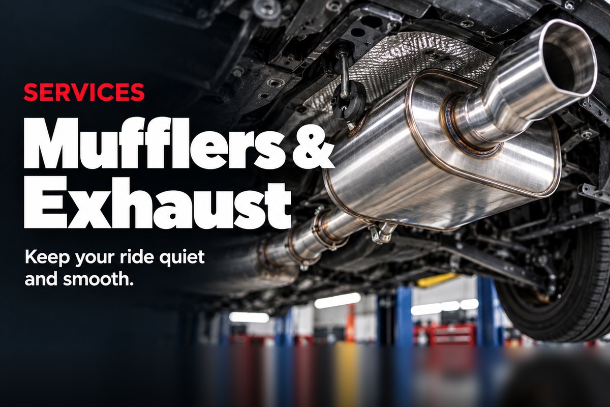 Stainless muffler and exhaust pipe under a lifted car at Oak Lawn Auto in Oak Lawn, IL