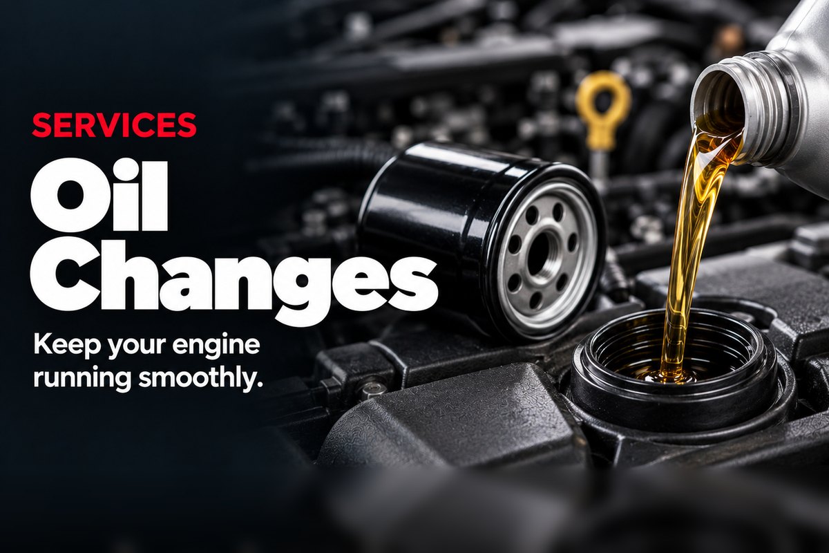 Fresh motor oil being poured into an engine beside a new oil filter during an oil change at Oak Lawn Auto in Oak Lawn, IL