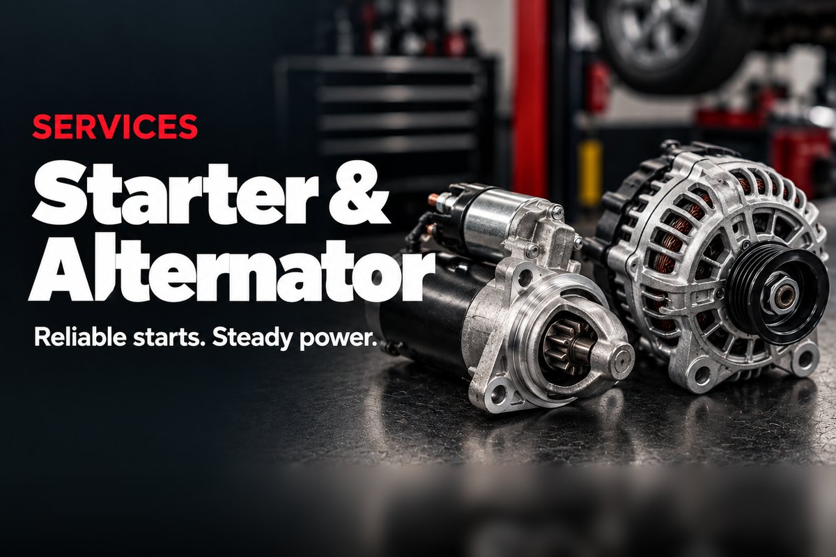 Replacement starter and alternator on the shop bench at Oak Lawn Auto in Oak Lawn, IL