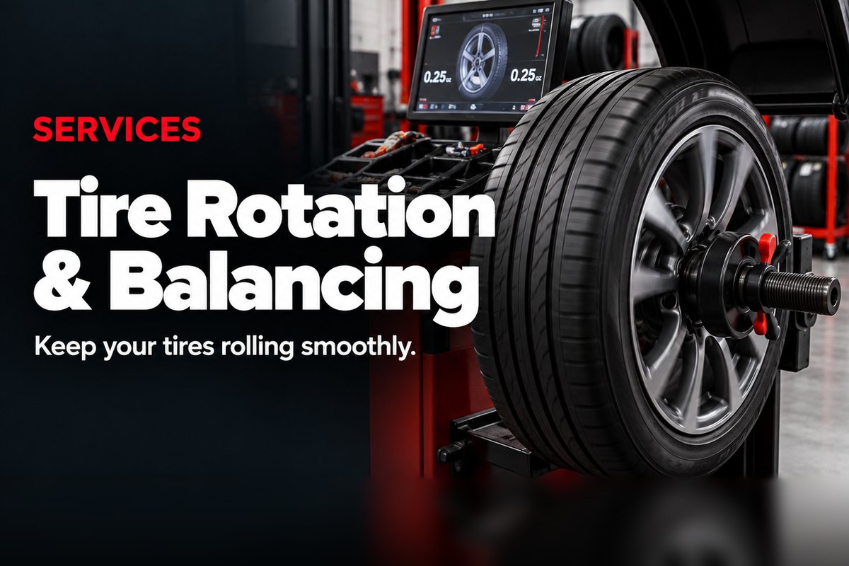 Wheel and tire mounted on a balancing machine during tire balancing at Oak Lawn Auto in Oak Lawn, IL